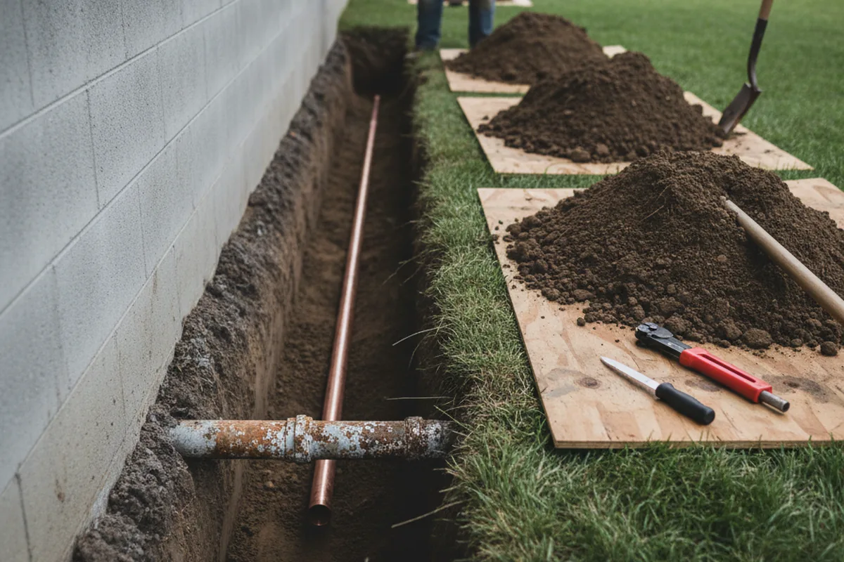 Excavated water line trench during Water Heater Repair in Montville
